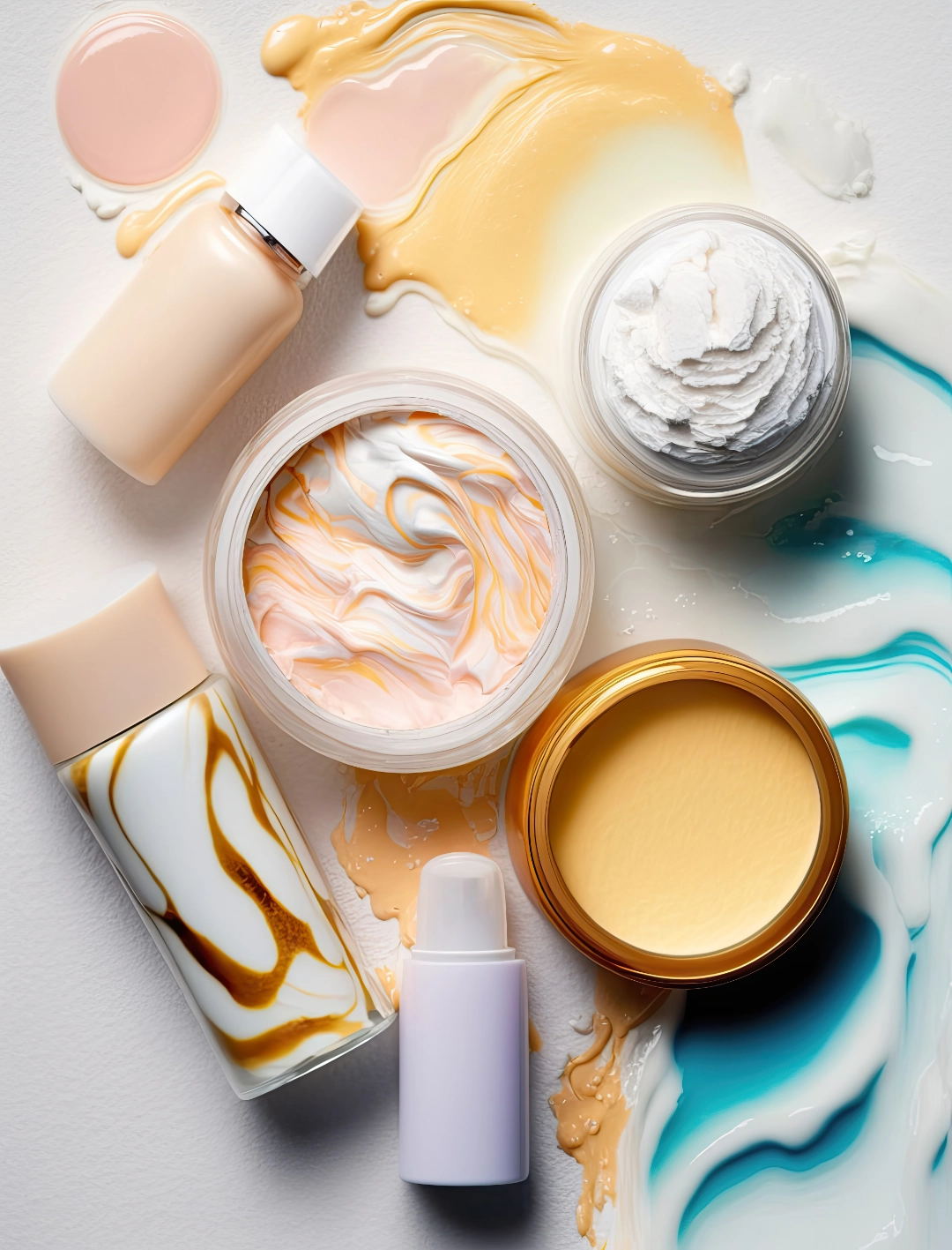 Taches et échantillons de divers produits de beauté (crème hydratante, sérum) GROUPE LAUGIL